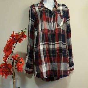 Extra Long Red Blue Plaid Button Up Top,  L